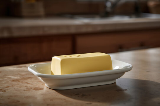 Morning light reveals softened butter&rsquo;s gentle textures resting warmly in its ceramic dish