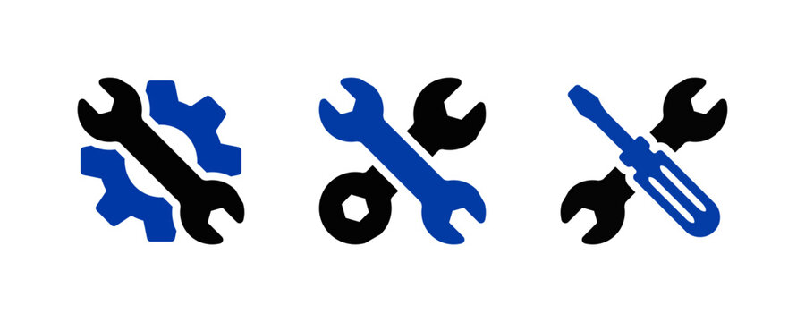 tools and gear wheel black icon set, logo template collection