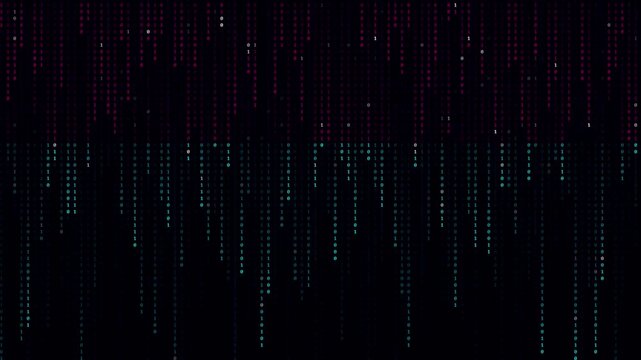 Digital binary code stream falling continuously down black screen with glowing red and green numbers creating cyber tech matrix background motion graphic.