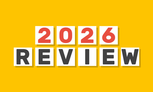 2026 review, numbers and letters on squared paper, social network post template, web site publication header. flat style vector illustration on yellow background