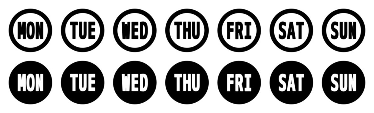seven week days bullet points, from monday to sunday round outline and solid markers, vector infographics elements