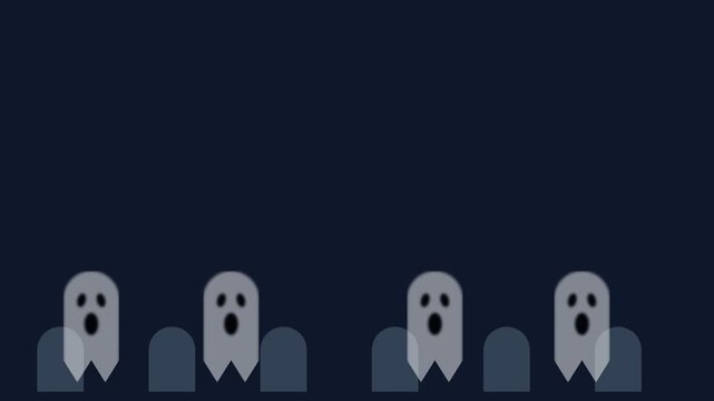Cute cartoon ghosts rising up and down from graves in spooky night video footage motion clip