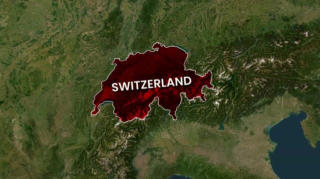 Switzerland highlighted on satellite map of Europe with digital borders showing country territory boundaries