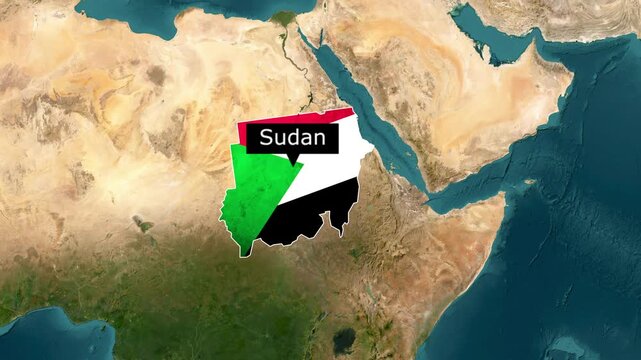 Sudan country map and flag zoom animation over satellite imagery of planet Earth