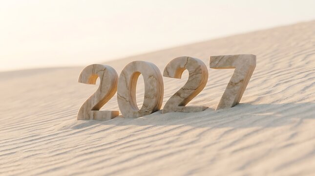 Three dimensional numbers two thousand twenty seven made of polished beige marble resting on soft textured desert sand during a sunny morning