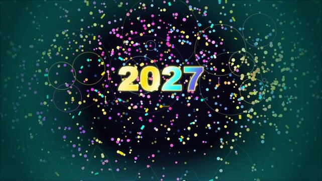 Vibrant 2027 digital animation displaying glowing year numerals with floating colorful confetti on dark background.