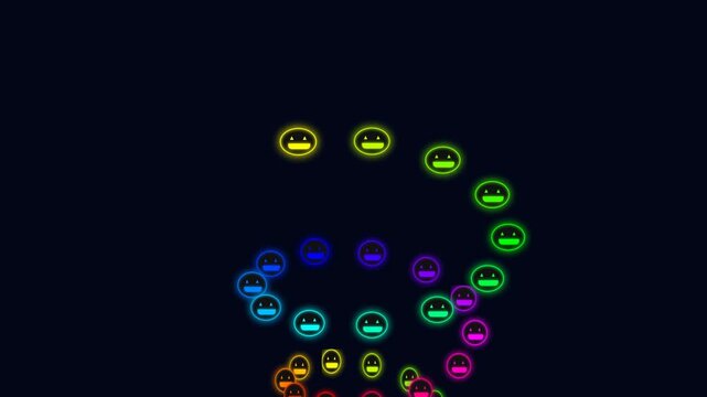 Neon glowing smiling faces moving in a colorful spiral motion animation for digital backgrounds and visual effects