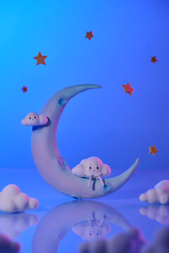 Cute Cartoon Clouds Resting on Crescent Moon with Stars