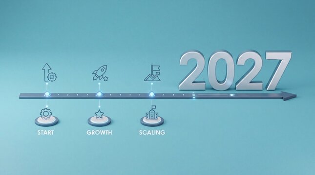 Business timeline graphic showing start growth scaling progress towards year 2027