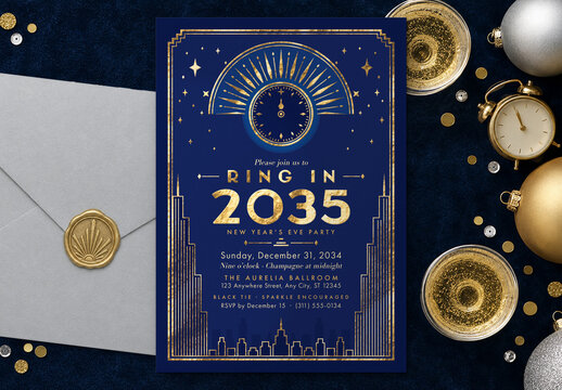 Art Deco New Year Invitation Template, Gold & Navy NYE Party Flyer for Black Tie Galas & Cocktail Parties