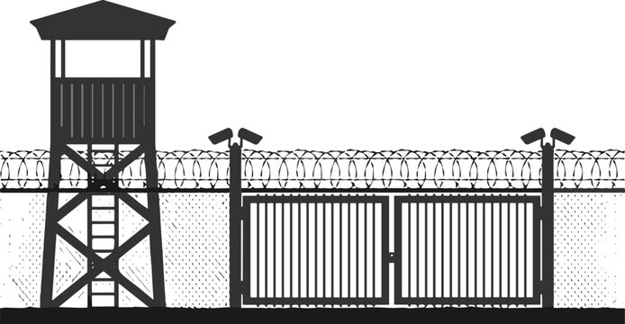 Black silhouette vector of prison border fence featuring guard tower security cameras and coiled razor wire design