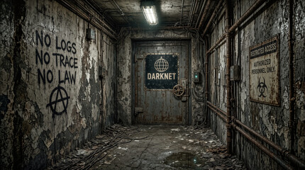 Fototapeta premium Grungy underground corridor leading to heavy metal door with darknet sign. Abandoned industrial bunker with anarchy graffiti and restricted access warnings.