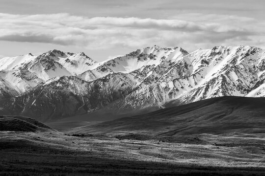 Canterbury backcountry in black and white