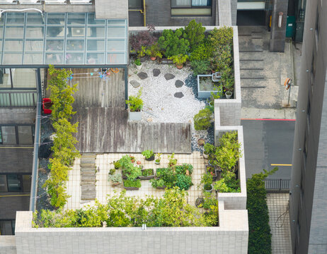 Aerial View of Rooftop Garden with Zen Courtyard