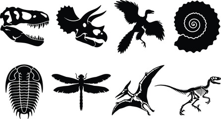 Set of dinosaurs and prehistoric fossils black and white silhouette vector icons © MstKhadija