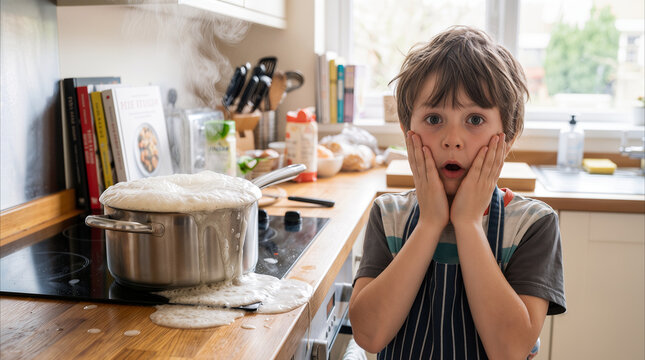 Little child looking shocked as pot boils over on stove. Kitchen accident during cooking lesson at home.
