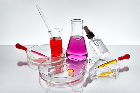 Laboratory Glassware With Serum Dropper Bottles, Pipettes, Petri Dish