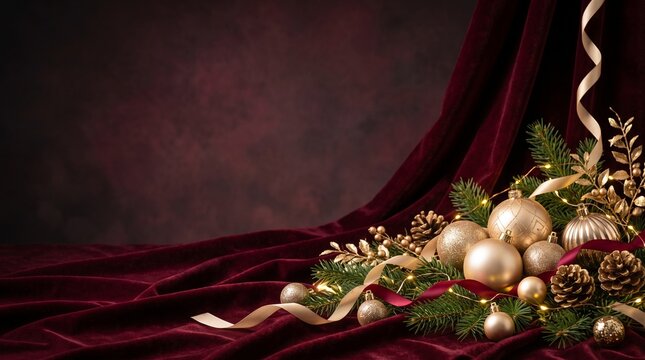 Elegant Christmas background with golden ornaments and pine branches on dark red velvet fabric, perfect for festive holiday marketing, luxury website banners, and corporate seasonal cards