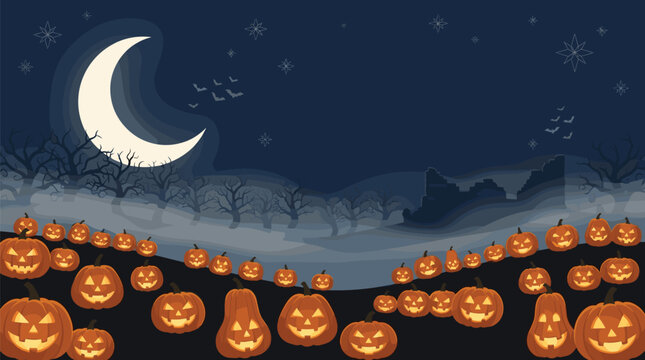 Vast field of glowing jack-o'-lanterns under a crescent moon with flying bats, misty bare trees, and distant ruins in the dark night.
