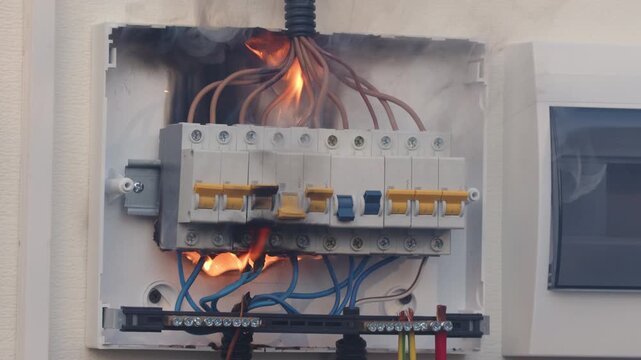 Electrical panel box with circuit breaker junction wiring burning with open fire with black smoke and flashes of sparks in house