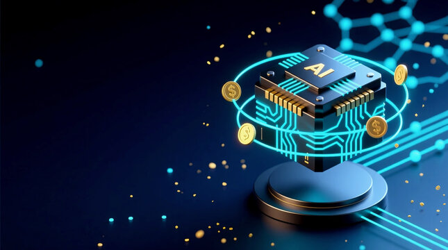 Futuristic 3D illustration showing AI microchip driving financial growth in digital ecosystem transformation on glowing podium in high-tech studio perspective