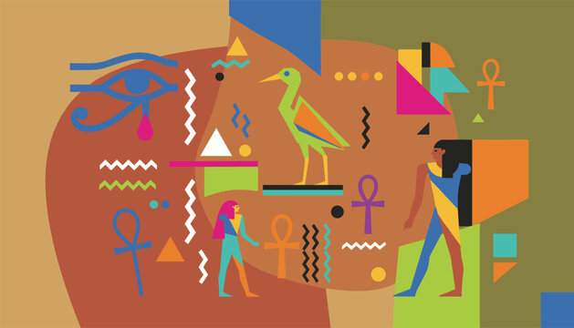 Egyptian symbols and figures arranged in an abstract colorful composition
