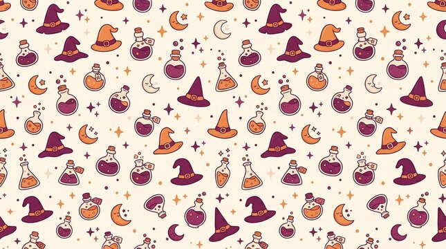 Seamless pattern with witch hats, magic potions, and crescent moons