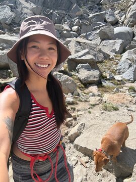 hiker selfie nature dog rocky wilderness eastern sierra, california