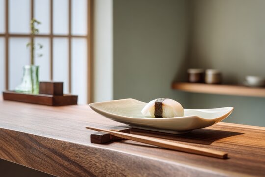 Sushi on plate showcases traditional Japanese cuisine. Natural light illuminates wooden table and simple decor. Greenery adds freshness to elegant setting