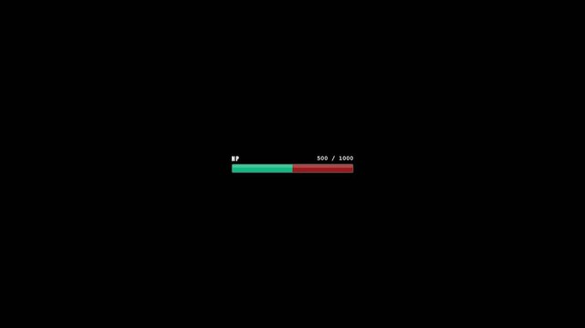 Retro video game health bar decreasing on black background with digital pixel font displaying decreasing numbers in motion