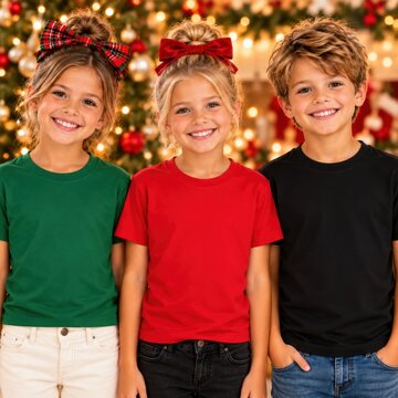Young boy and 2 girl models in green, red, black shirts stand in holiday decorated room. Three kids. Christmas design shirt mockup. Multiple tee template. Children group, siblings, brother, sister