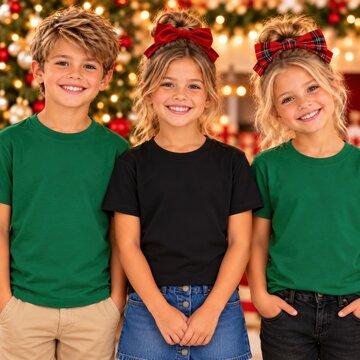 Young boy and 2 girl models in green, black shirts stand in holiday decorated room. Three kids. Christmas design shirt mockup. Multiple tee template. Children group, siblings, brother, sister