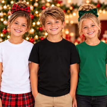 Young boy and 2 girl models in white, black, green shirts stand in holiday decorated room. Three kids. Christmas design shirt mockup. Multiple tee template. Children group, siblings, brother, sister
