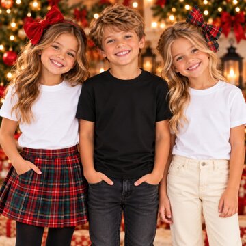 Young boy and 2 girl models in white and black shirts stand in holiday decorated room. Three kids. Christmas design shirt mockup. Multiple tee template. Children group, siblings, brother, sister