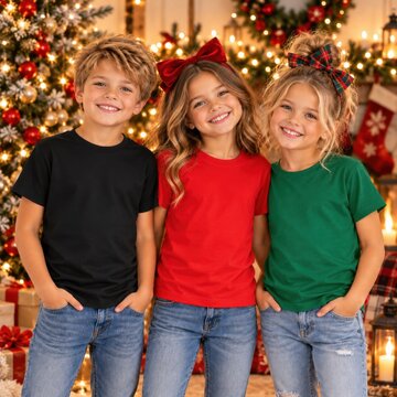 Young boy and 2 girl models in black, red, green shirts stand in holiday decorated room. Three kids. Christmas design shirt mockup. Multiple tee template. Children group, siblings, brother, sister