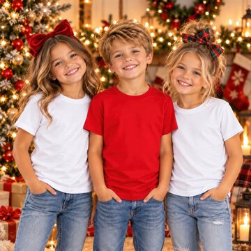 Young boy and 2 girl models inr ed and white shirts stand in holiday decorated room. Three kids. Christmas design shirt mockup. Multiple tee template. Children group, siblings, brother, sister
