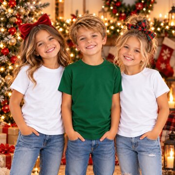 Young boy and 2 girl models in white and green shirts stand in holiday decorated room. Three kids. Christmas design shirt mockup. Multiple tee template. Children group, siblings, brother, sister