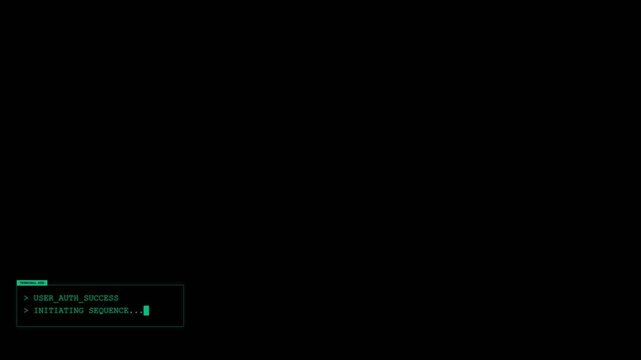 Computer terminal screen displaying user authentication success and sequence initiation text in digital motion footage