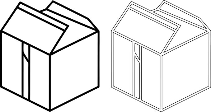 Isometric view of a box with an open flap, shown in both bold line and thin outline styles for container