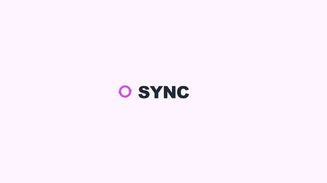 Minimalist sync logo animation featuring pink rotating circular loading icon and bold black typography on white background video footage