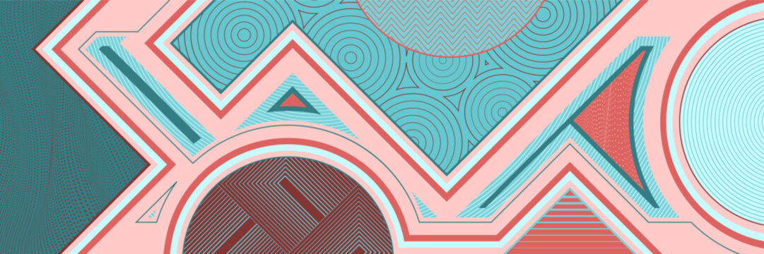 Asymmetrically arranged geometric shapes contrast with the outlines against a green and red background.