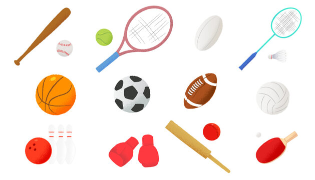 Set of sports equipment isolated on white background.