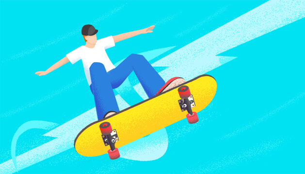 A man performing to play skateboarder. A trendy doodle art and abstract cartoon characters.