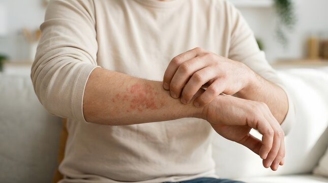 Person scratching itchy red skin rash on their arm due to an allergic reaction or dermatitis