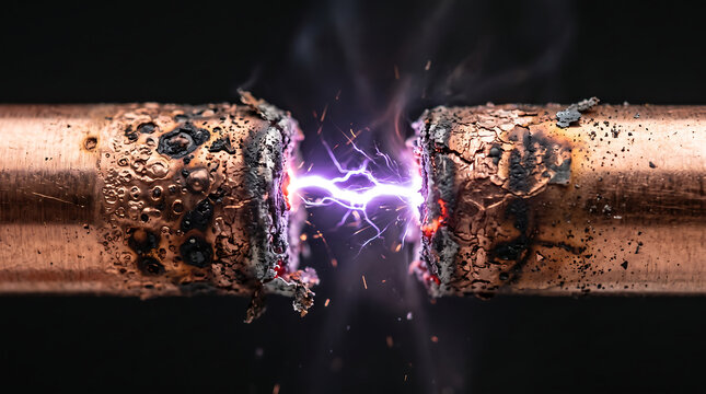 Electrical discharge arcing between two burnt copper wires with visible sparks and ionized air plasma created for industrial and scientific concepts.