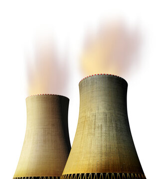 Nuclear power plant with cooling towers isolated on a transparent PNG background.