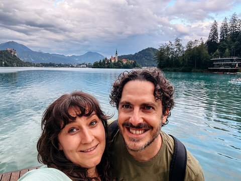 Couple taking selfie at lake Bled