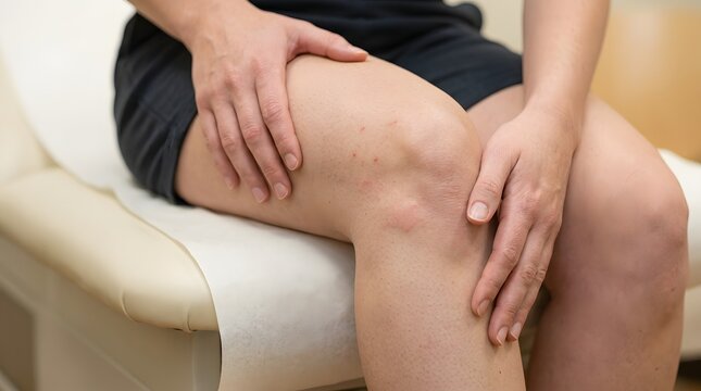 Woman holding her knee in pain while sitting on a comfortable sofa