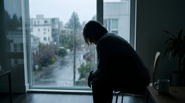 Woman in distress looking out a window with a blurred city background
