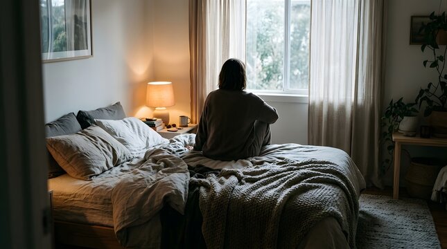 Person sitting on bed looking out window in a dimly lit bedroom
